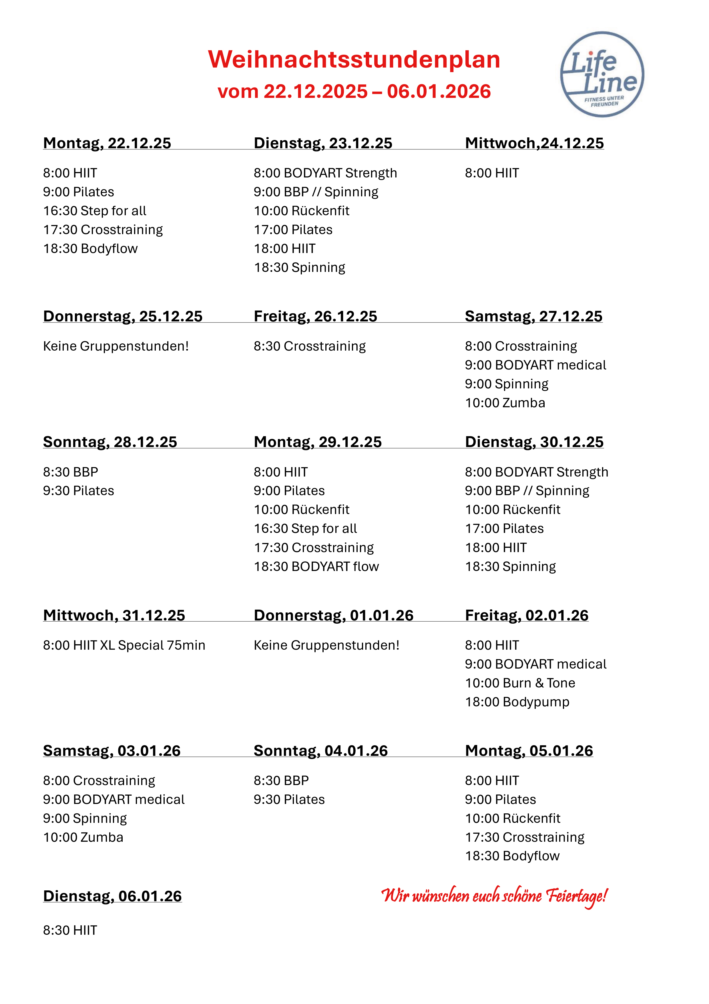 Kursplan Lifeline Feiertage